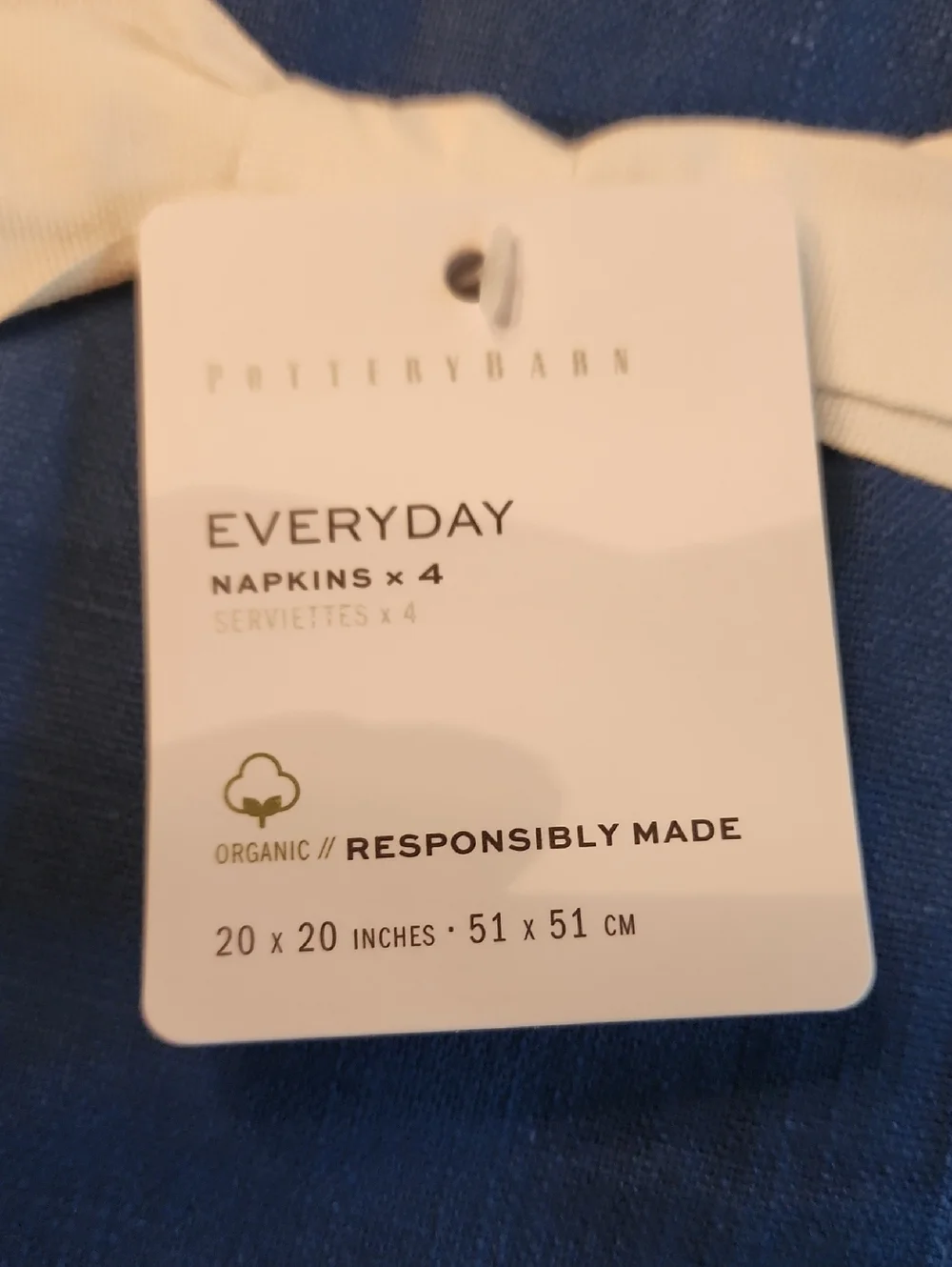 NWT Pottery Barn Everyday Napkins in Blue Organic Cotton Set of 4